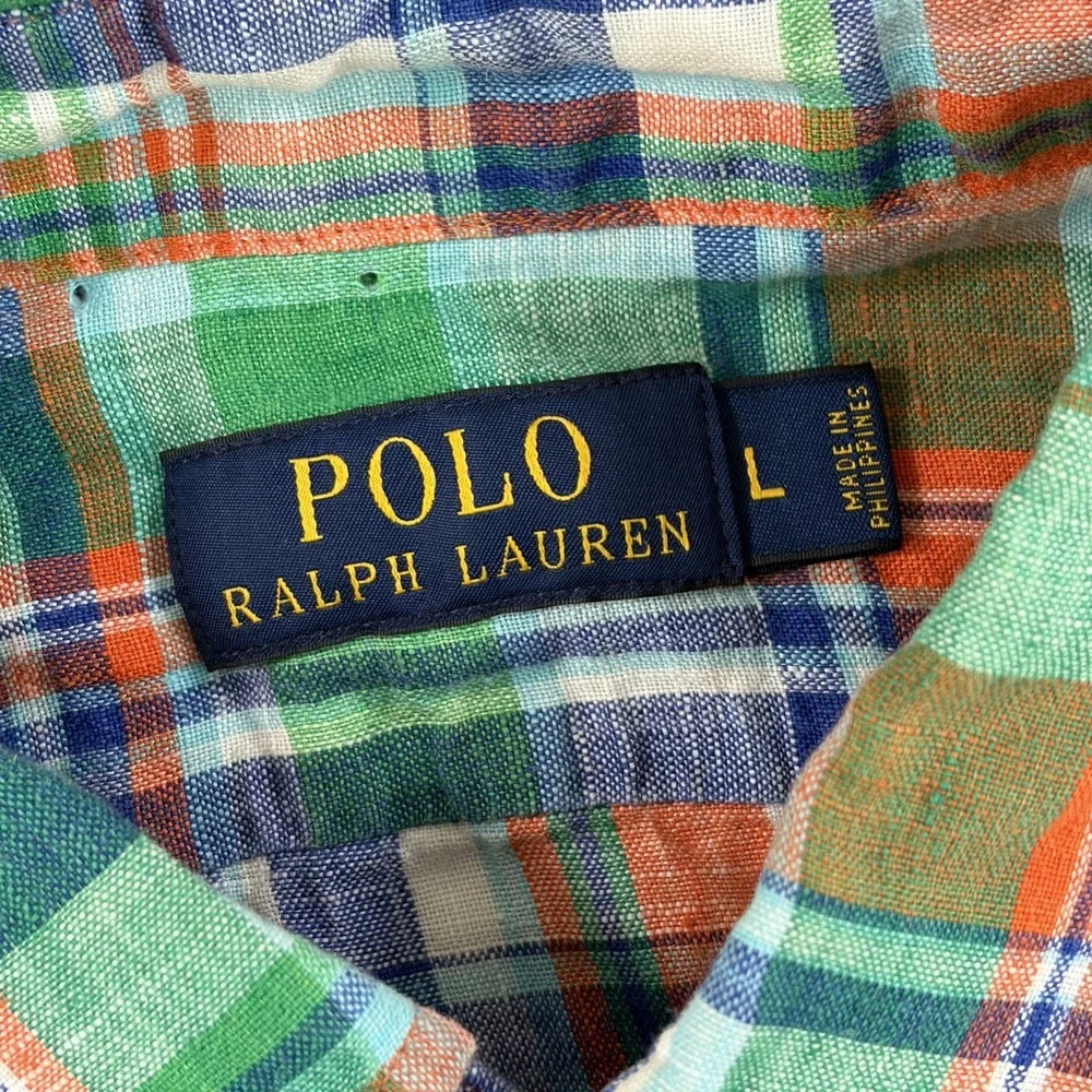 Polo Ralph Lauren 100% Linen Multi Madras Plaid Work Shirt Men Large Pony Preppy